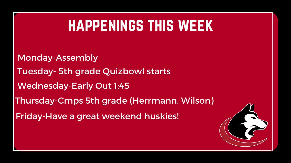 Hey Huskies!🐾

Here's what's happening this week!

#aeshuskies #aurorahuskies