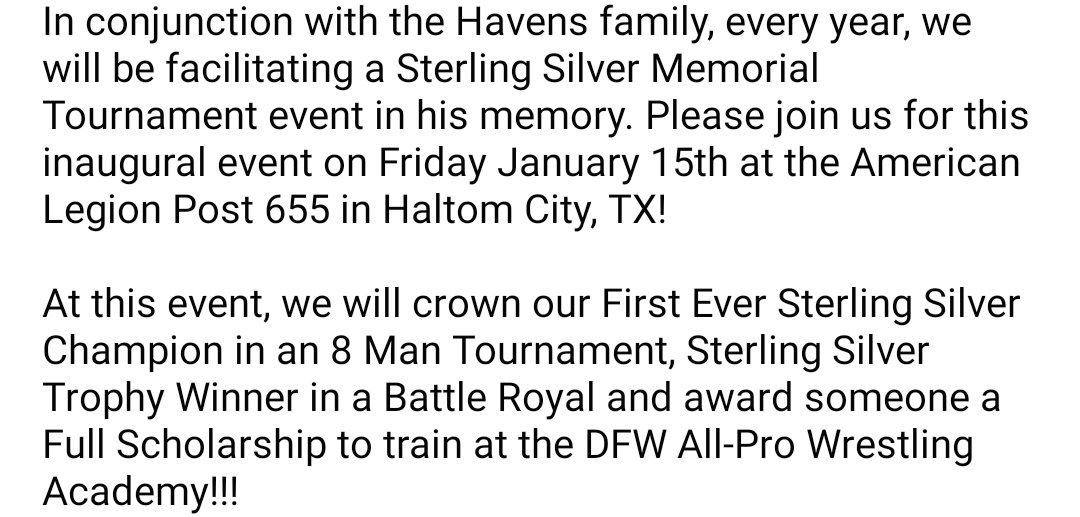 DFW_ALL_PRO's tweet photo. 1 year ago today the DFW All-Pro Wrestling Academy lost one of our beloved students, Sterling Havens. He was a positive and hard working young man with a bright future ahead of him. We love and miss you Sterling ๐ This Friday we honor your memory! #ForSterling https://t.co/0V9uI4fIPO