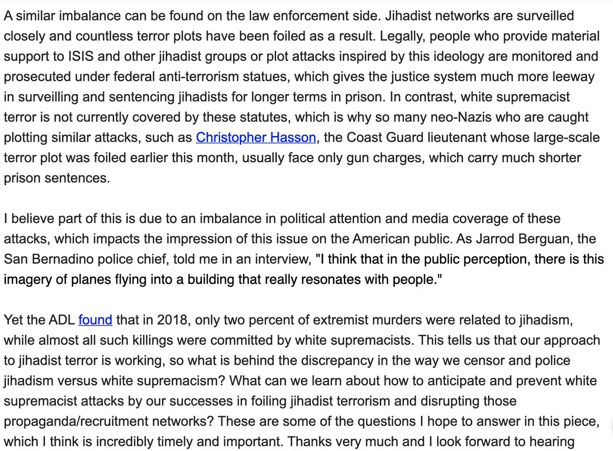 Thread on the media’s longtime failure to cover white supremacist terrorism with the urgency it should have. From 2018-2019, I was trying to write a book about this very topic, so after the Christchurch massacre, I must have pitched 10-15 publications something along these lines: