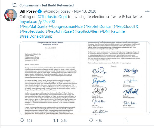 /8 - On Nov 13th, he retweets Rep. Bill Posey's letter to AG Barr to investigate election software and hardware.