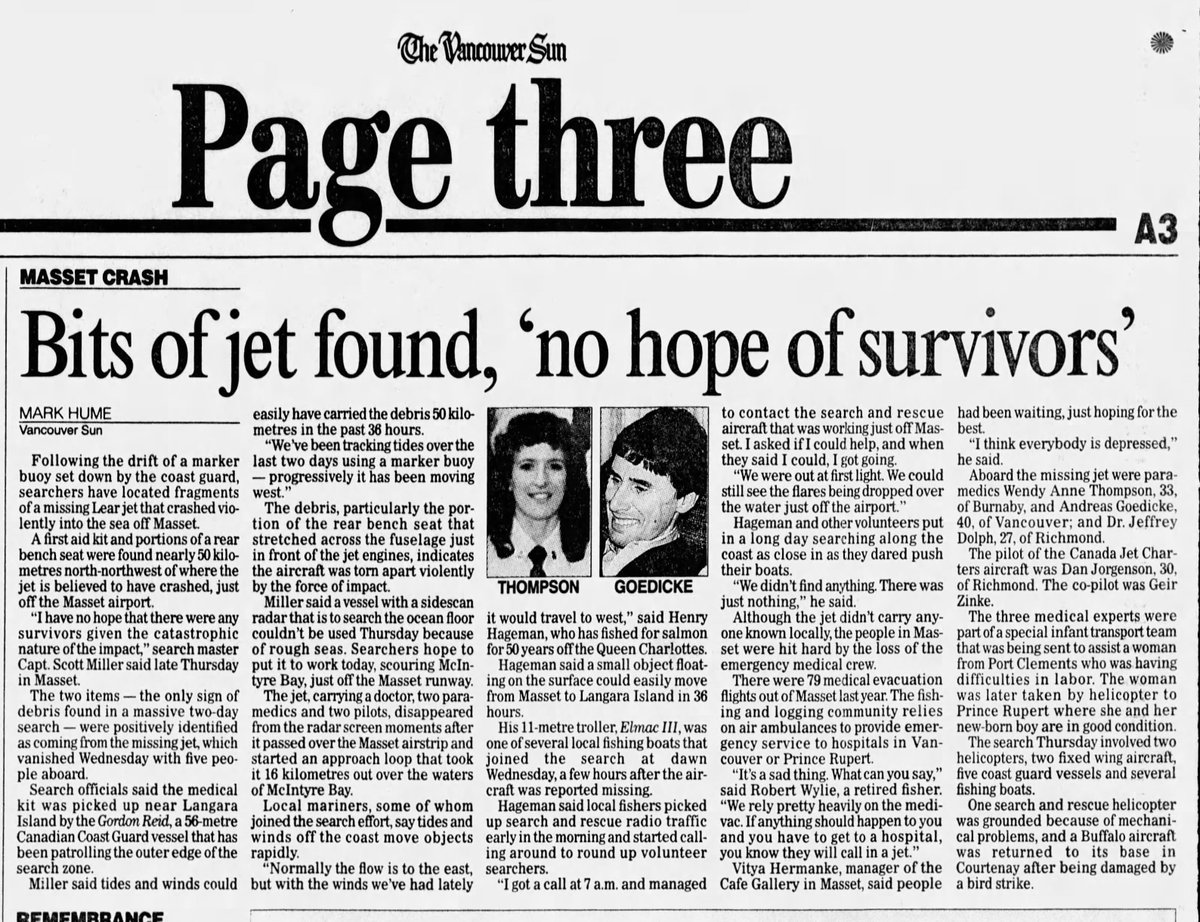 Today is the 26th anniversary of the crash of C-GPUN, the BC Ambulance medevac Learjet and crew went down into the ocean in the early morning hours near Masset, BC. Tragic losses like this motivate me to improve safety &amp; help advance the <a href="/CPMFOfficial/">Canadian Paramedic Memorial Foundation</a> national paramedic memorial.