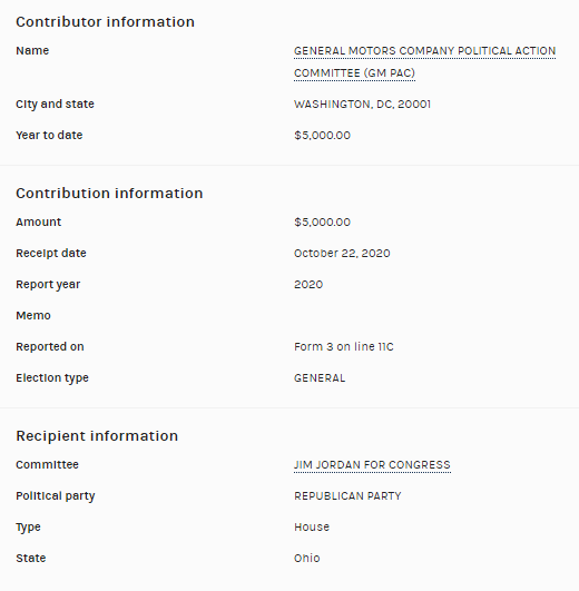 The  @GM PAC gave $5K to  @Jim_Jordan in October 2020.GM did not respond to  @JuddLegum's request for comment on whether they would cease donations to congressmembers who objected to the Electoral College certification. https://popular.info/p/three-major-corporations-say-they
