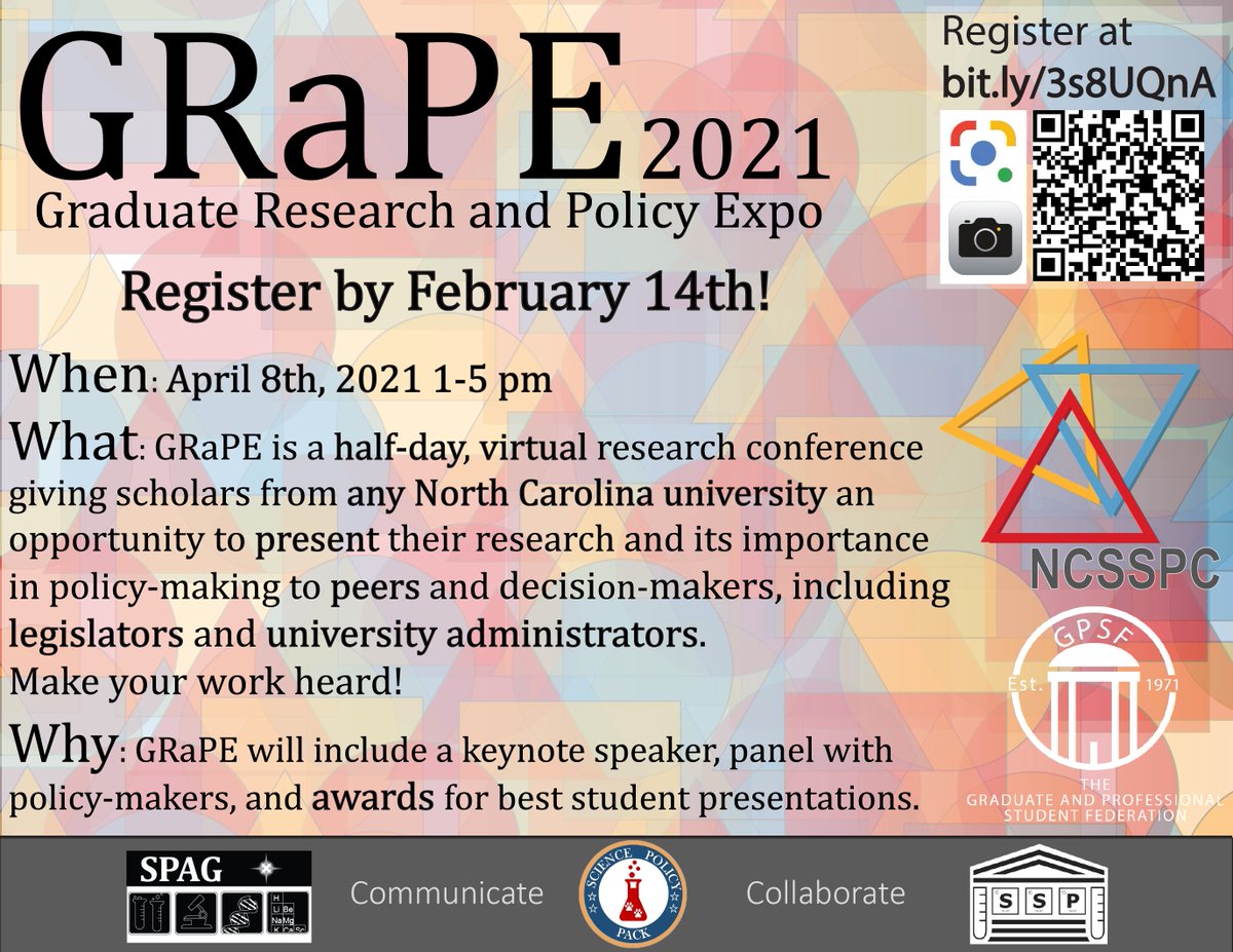 UNC_SPAG's tweet photo. We're proud to announce the call for abstracts for the 3rd annual GRaPE 2021! GRaPE is a research conference for all NC graduate students to share their research with peers and policymakers alike! Learn more and register by Feb 14 at https://t.co/lgOB1oZMbE https://t.co/LWtGg5QIx9