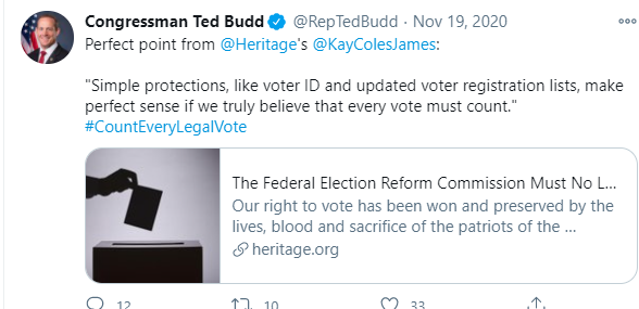 /11 - On Nov 19th, he retweets the Koch Brother's Heritage foundation - who I might add is famous for their own false propaganda. The articled uses trigger words like "every vote must count" and "patriots." Well every vote was counted.  @JoeBiden won.