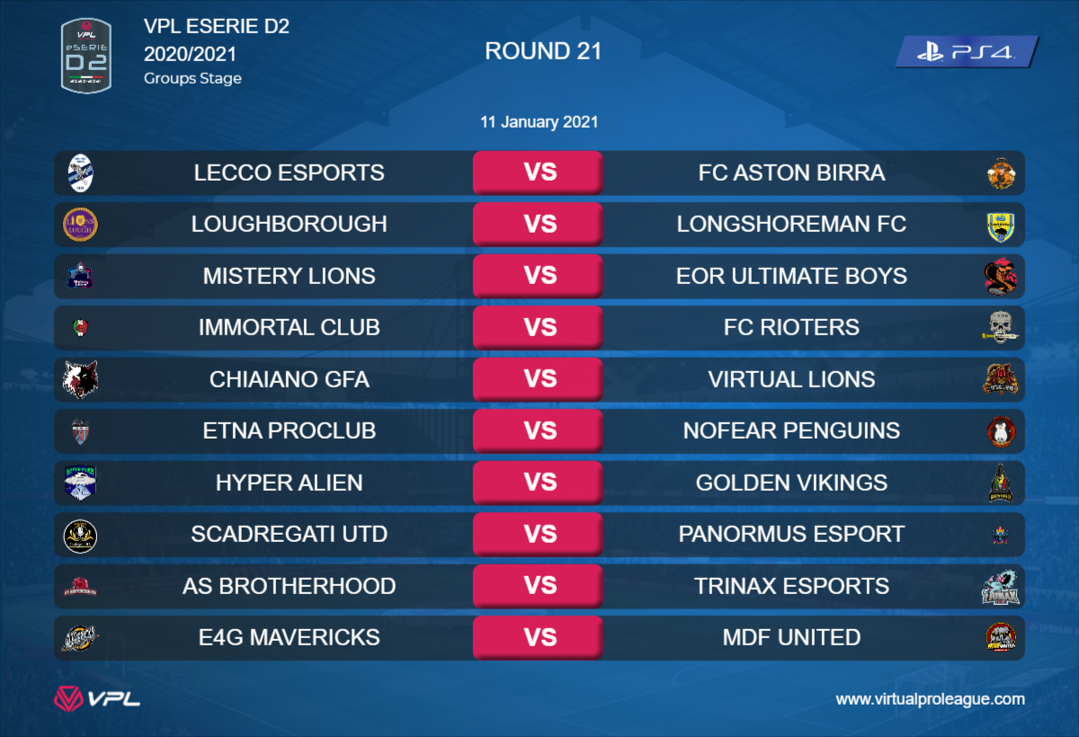 [#PS4] Stasera si disputerà la 20° giornata della eSerie D2 2020/2021

Link competizione:
virtualproleague.com/portal/en/cham…