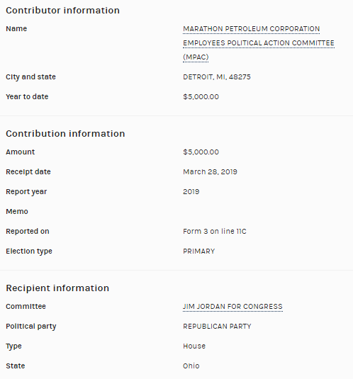 The PAC for  @MarathonPetroCo gave $5K to  @Jim_Jordan during the 2020 cycle.Marathon did not respond to  @JuddLegum when he asked if they would cease donations to congressmembers who objected to the Electoral College certification. https://popular.info/p/three-major-corporations-say-they
