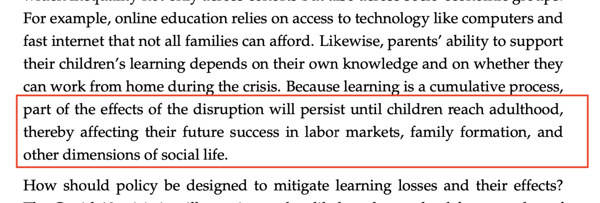 The constant implication in the term "learning loss" that a 1 year disruption/slowdown in learning can never be made up is really really odd to me. This paper explicitly says it.