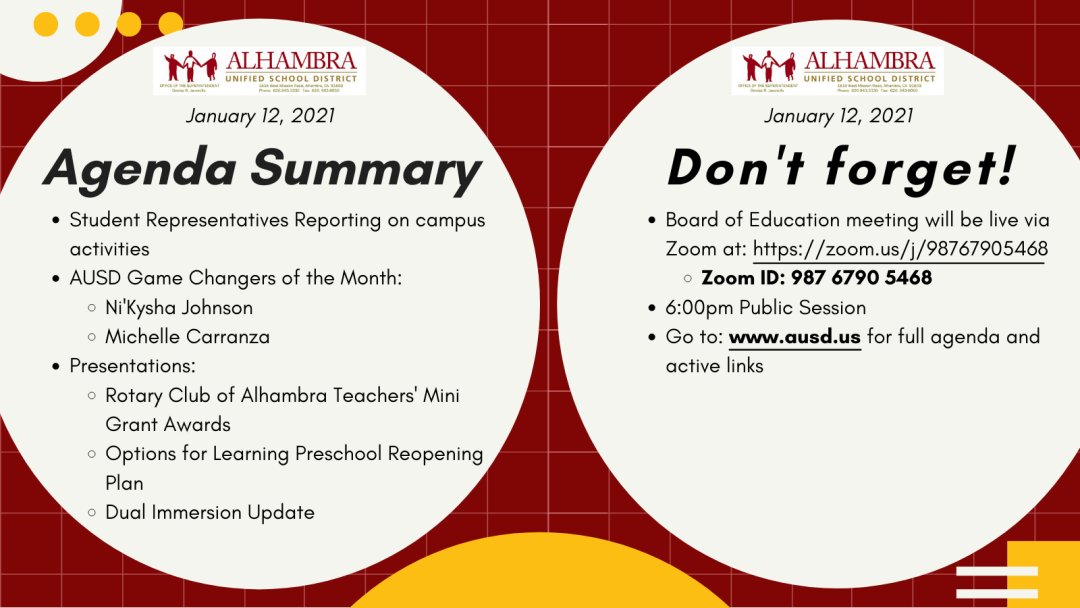 KaysaMoreno's tweet photo. Our first @AlhambraUSD Board of Education meeting of the new year will be Tuesday, Jan. 12th (tomorrow). 
Meeting will be live via Zoom: https://t.co/OYIJu32GNL.    
Zoom ID: 987 6790 5468.
Public session begins at 6:00pm.  Full agenda &amp; live links: https://t.co/Jy20PEzx7x https://t.co/tpatfXzK1N