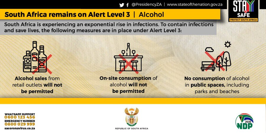 The sale of alcohol from retail outlets and the on-site consumption of alcohol is still not be permitted. #ProtectSouthAfrica