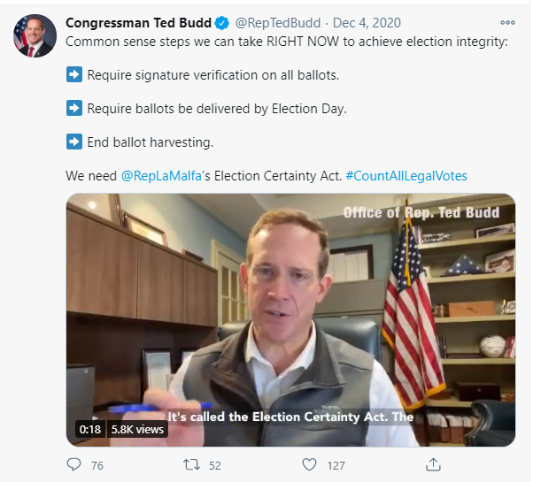 /14 On Dec 4th, while he's suppose to be recovering from  #Covid19 - he's pushing Rep. LaMalfa's bill to "count all legal votes." More false flag comments that the election was fraudulent.