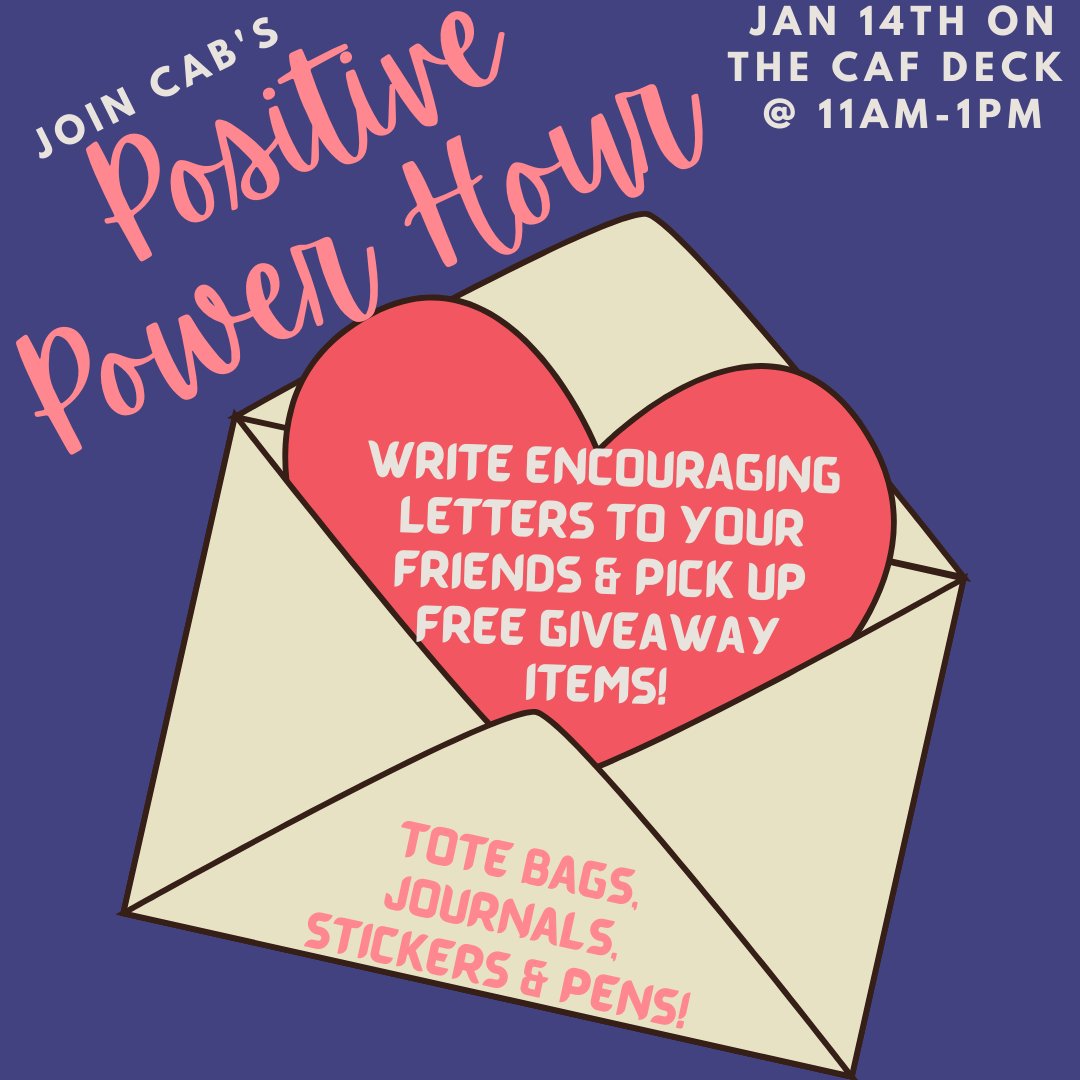 CentenaryCAB's tweet photo. 2020: The audacity. 2021: Winter Wonderland.

CAB hopes you all had a wonderful and safe winter break. We're going to start the semester off not only with snow, but also the  Positive Power Hour event and a giveaway!! Please look at the flyer to get the date, time &amp; location! https://t.co/xE9KXlLV4K