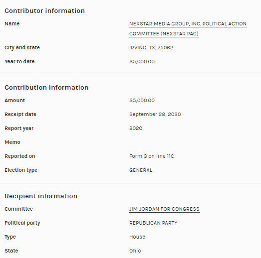 The PAC for  @NXSTMediaGroup gave $5K to  @Jim_Jordan in September 2020.