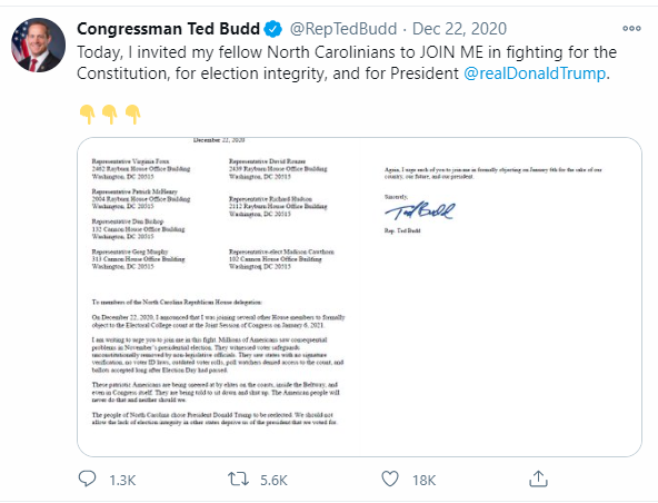 /19 On Dec 22nd, He urges his fellow Republican NC Rep's to join his seditious fight for the Constitution and election integrity. Why didn't he ask Democrat's to join? Foxx, Bishop, Murphy, Rouzer, Hudson and Cawthorn joined the  #NC  #SeditiousSeven and  #SeditiousCaucus