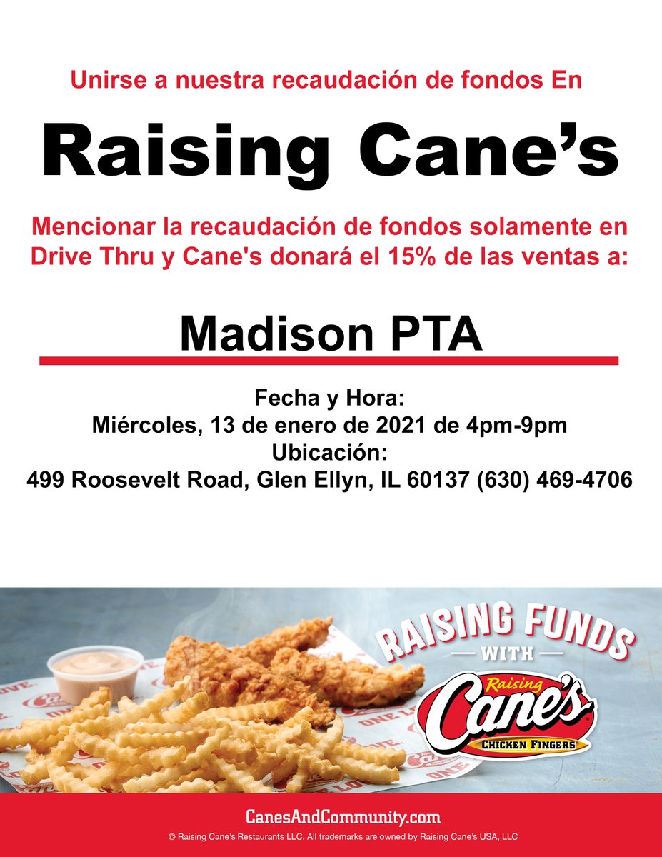Madison PTA Fundraiser WEDNESDAY!  Mention the fundraiser in the Drive Thru and Cane's will donate 15% of sales to the PTA.  Thank you for your support!