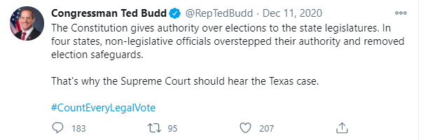/17 Again on Dec 11th, you tweet saying  #SCOTUS should hear the Texas Case. Psst they refused to hear the case. What happened to your big "States Rights" position? Why are you interfering in other states?