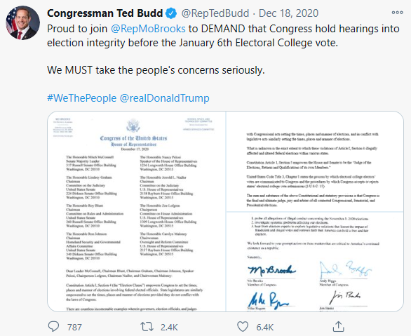 /18 On Dec 18th, Budd is bragging how proud he is to support Rep. Mo Brooks that Congress hold hearings before Jan 6th. He signed the letter.