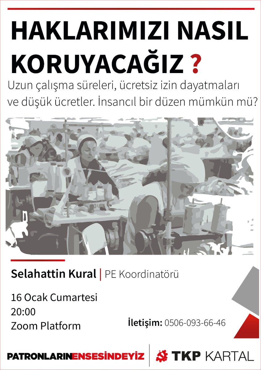 Patronlar krizi fırsat bilip haklarımızı bir bir alırken, hayat pahalılığı gün geçtikçe artarken emekçiler ne yapalı. Cumartesi akşam 20 de zoom üzerinden yapacağımız söyleşiye davetlisiniz. Görseldeki telefon numarasından ya da sosyal medya hesaplarımızdan bize ulasabilirsiniz