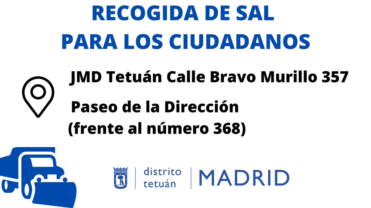 ¿Necesitas sal? 
En Tetúan puedes recogerla en estos dos puntos de distribución: 
▪ <a href="/JMDTetuan/">Distrito de Tetuán</a> (C.Bravo Murillo, 357)
▪ Paseo de la Dirección (frente al núm 368) 
#FilomenaMadrid