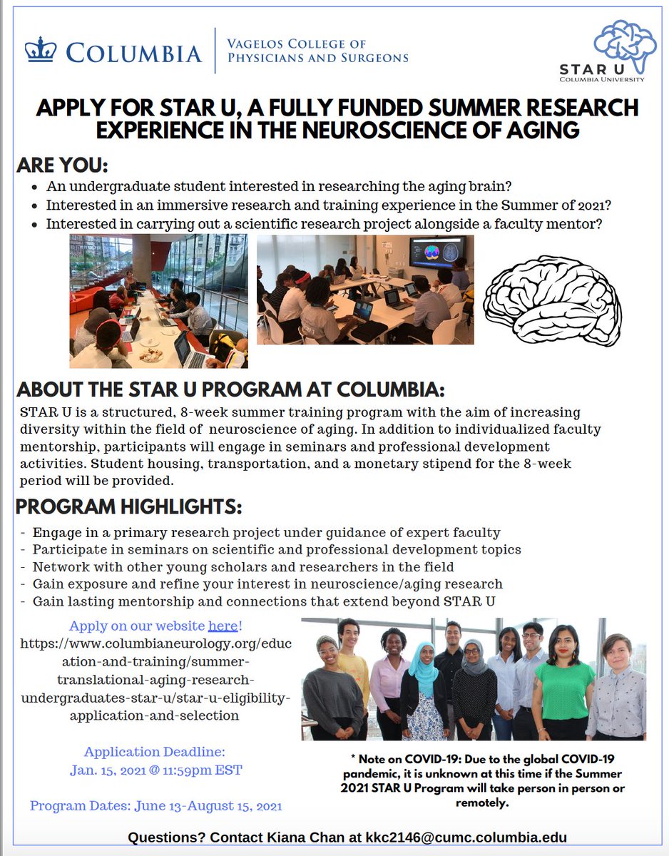 STARUColumbia's tweet photo. 4 more days to submit your application to the Summer of Translational Aging Research for Undergraduates (STAR U) Program! Applications are due at 11:59pm EST 1/15/21 and letter(s) of recommendation are due 02/01/21! 

https://t.co/C2geYqkSBy https://t.co/EfXIAwa0B7