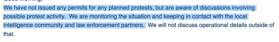Dover PD (Delaware):"We have not issued any permits for any planned protests, but are aware of discussions involving possible protest activity. We are monitoring the situation and keeping in contact with the local intelligence community and law enforcement partners."
