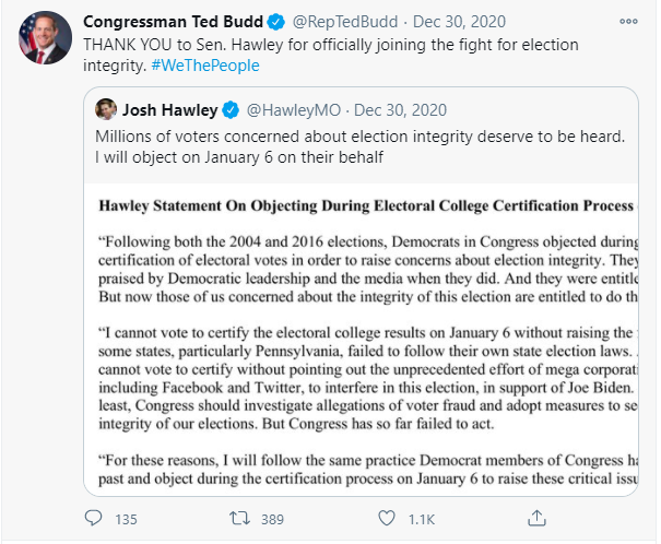 /21 On Dec 30th, he is sending thanks to Sen. Hawley for joining the fight. Pushing the Trump Lies. Pouring more gas on the  #WeThePeople claims of voter fraud.