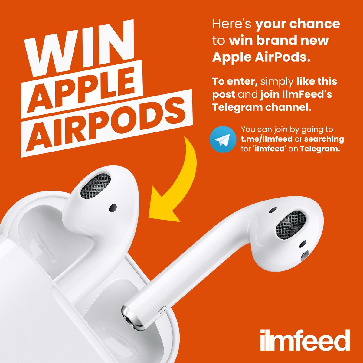 IlmFeed's tweet photo. Here's your chance to win brand new Apple AirPods!

To enter, simply like this post and join IlmFeed's Telegram channel.

You can join by going to https://t.co/xLOhl8aOCA or searching for 'ilmfeed' on Telegram.

Open worldwide. https://t.co/Y6aNiNbACw