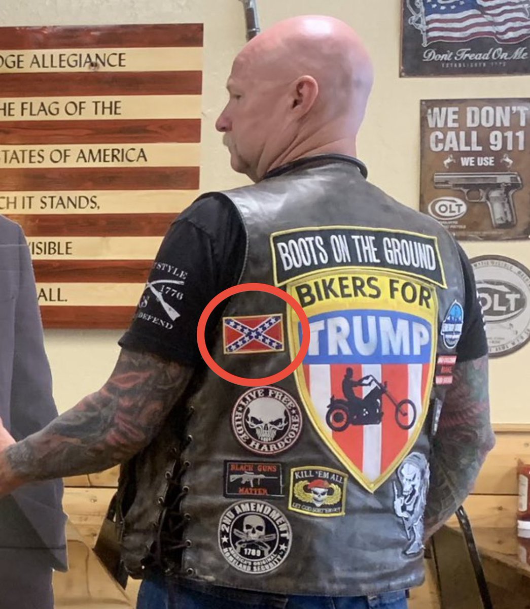 Lauren Boebert hangs out with and promotes white supremacist Three Percenters.Boebert posted pictures of the Three Percenter man at her restaurant showing off his Confederate flag patch. Boebert decided to post a pic of herself in the vest.