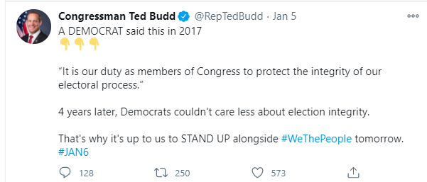/26 On Jan 5th, tweets "it is our duty....to protect the integrity of our electoral process." Then attacks Democrats and while he brag's that he will stand up alongside  #wethepeople on Jan6th.