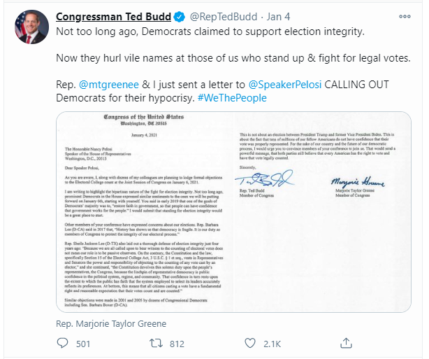 /24 On Jan 4th, Budd is attacking Democrats for not supporting election integrity. Claiming hypocrisy. Even wrote a letter. Where is his letter to Sen. Mitch McConnell for refusing to bring to a vote the House bills to protect our election integrity. Such hyprocrisy