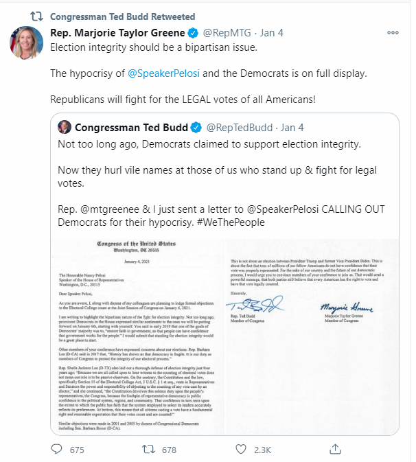 /25 On Jan 4th, retweets Rep. Marjorie Greene (Qanon Believer) attacking  @SpeakerPelosi for not supporting his earlier tweet that Democrats don't support election integrity. Don't forget the House passed bills to strengthen our elections and Senate Republicans blocked it.