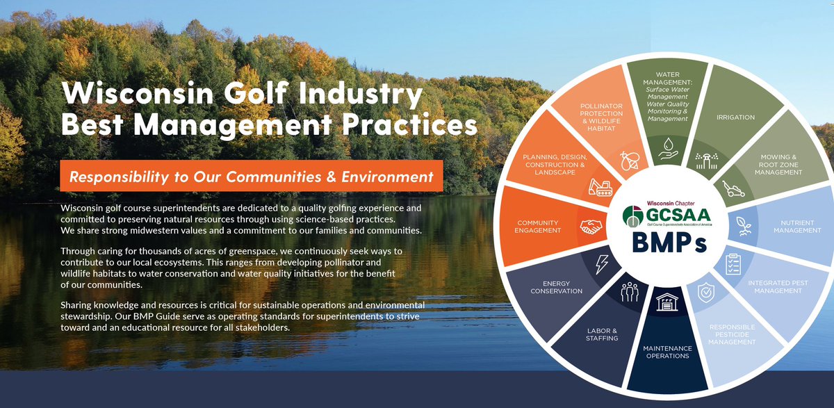 WGCSA's tweet image. Wisconsin golf BMPs cover 12 core areas including water quality management, pollinator protection, IPM, nutrient management, energy, & more! Check it out 👀 bit.ly/WIgolfBMP #WisconsinGolfBMP #sustainability #Wisconsin @GCSAA