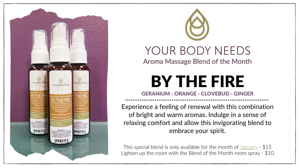 yourbodyneeds's tweet image. January's Blend of the Month is here along with our room sprays! Brighten up your next massage with this delightfully warm and refreshing blend.

Book your massage now: bit.ly/YBNmassage

#annapolis #massage #massagetherapy 
#aromatherapy #allnatural #annapolismassage