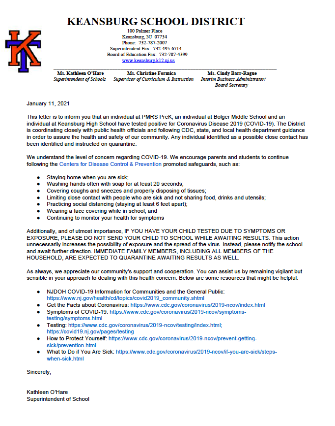 Please see Superintendent O'Hare's letter in reference to individual positive COVID-19 tests at PMR Pre-K, Bolger and Keansburg High School.
