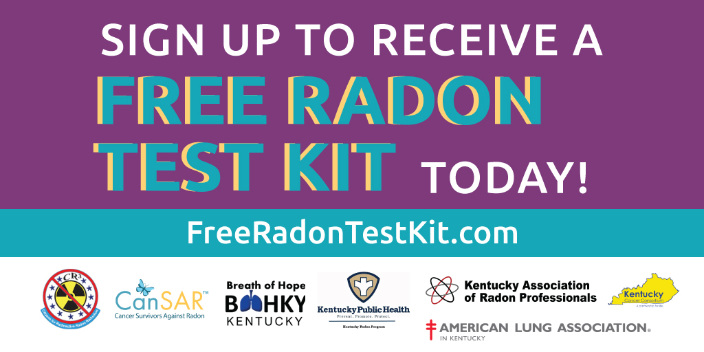 During the month of January, sign up to receive a FREE radon test kit! Sign up at: FreeRadonTestKit.com @LungAssociation @breathofhopeky, @CitizensRadon, CanSAR, @KYHealthAlerts, Kentucky Cancer Consortium