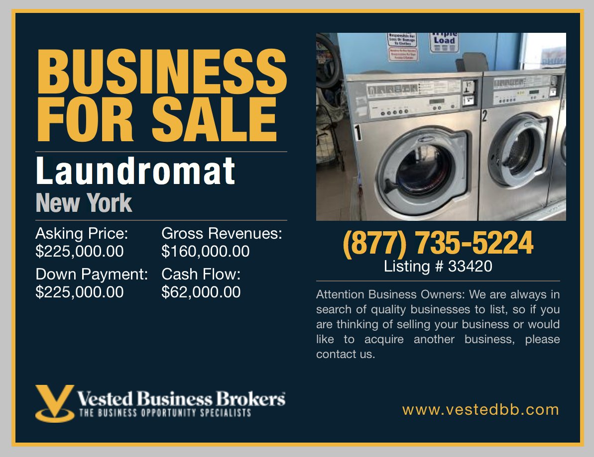 Vestedbb's tweet image. BUSINESS FOR SALE: LAUNDROMAT 

This 20 years old laundromat is located in a bustling area in Queens County.

- 20 washers &amp;amp;  20 dryers. 
- The business has a loyal clientele.
- A prime location for a laundromat.

Call Syed at 631-374-7686 for more information.
#fireyourboss