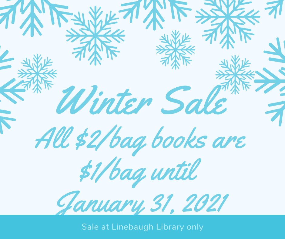 rclstn's tweet photo. Need something to read? The Friends of Linebaugh Library have announced a special Winter Sale! A bag of books, normally $2, is now just $1 a bag! Come and and pick out yours now.
Until January 31. Sale at #Linebaugh branch only. https://t.co/w6oG8NKBDY