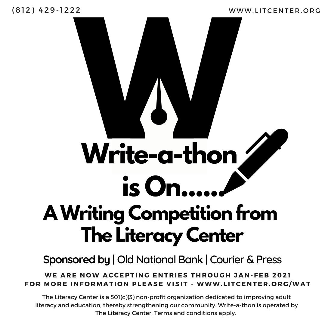 Write-a-thon is ON....!!
Yes, it’s time to Submit your story. 
We are accepting entries throughout January and February 2021 and winners will have their stories printed in Courier and press. litcenter.org/wat/ #Indiana #evansville #writing #Competition #fundraising
