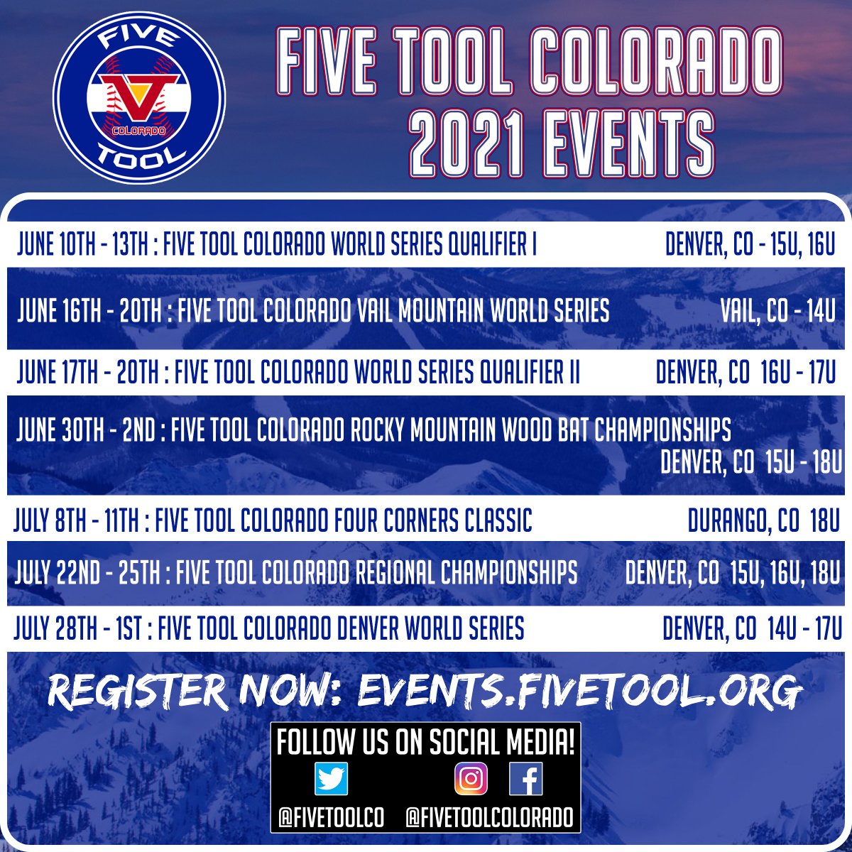 🏔Going to be a BIG summer! You ready?

📱Full social media coverage
💻Dudes of the Day/Game Stories
🏆Qualifiers
🏟<a href="/FiveTool/">Five Tool Baseball</a> Colorado Denver World Series: July 28-August 1

Register now for <a href="/FiveToolCO/">Five Tool Colorado</a> events » Head to events.fivetool.org today. #WatchEm