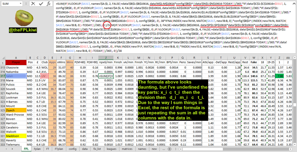 It means the relative weight of 2 games depends only on the time between them. E.g. The boxing day games 2017-19:w_57/w_20 = w_95/w_57 = c (a constant).Let t_i be time in years{9} since game i. The final formula is : Σx_i*c^-t_i / Σd_i*m_i*c^-t_i(I use c=2) .
