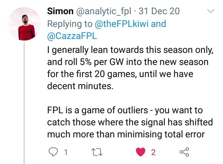  InterpretationOn average, it is more predictive to use long term player data rather than the last few games or only including this season.However,  @analytic_fpl makes a point here{14} that FPL is a game of identifying outliers - so this result is to be used carefully !