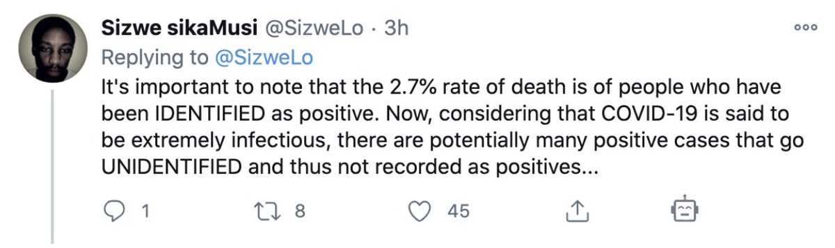 2) Correct for 2 reasons:1) ±20% of infections are asymptomatic (this is NB, so remember it.)2) lots of people go untested/undiagnosed (we are *not* testing everyone, as you’ve pointed out) - Excess Death figures give us a strong clue as to how many are dying, undiagnosed.