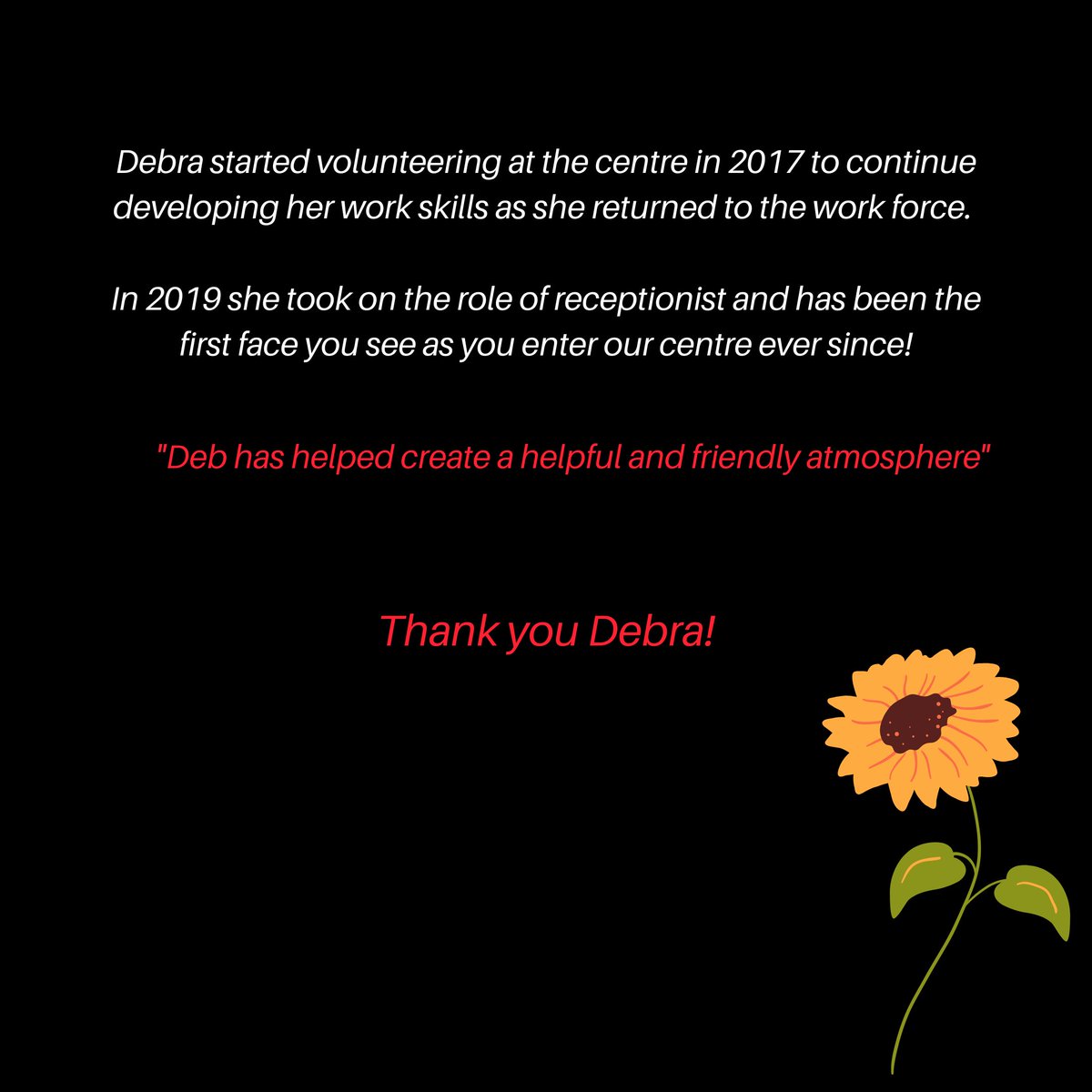 We are excited to launch "Meet us Mondays" where you'll get a chance to meet the individuals that help make our centre what it is.

Today we recognize Debra!

Debra has been involved with the Centre since 2017.

Thank you Debra for all your hard work over the years!