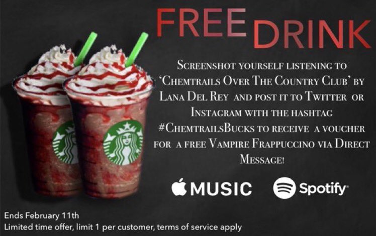 ultrafIipside's tweet photo. Make sure to post a screenshot of you listening to chemtrails over the country by @LanaDelRey to get a free drink at @Starbucks #ChemtrailsBucks @LanaDelRey ❤️🖤🥤 https://t.co/uDFvMQNOQp