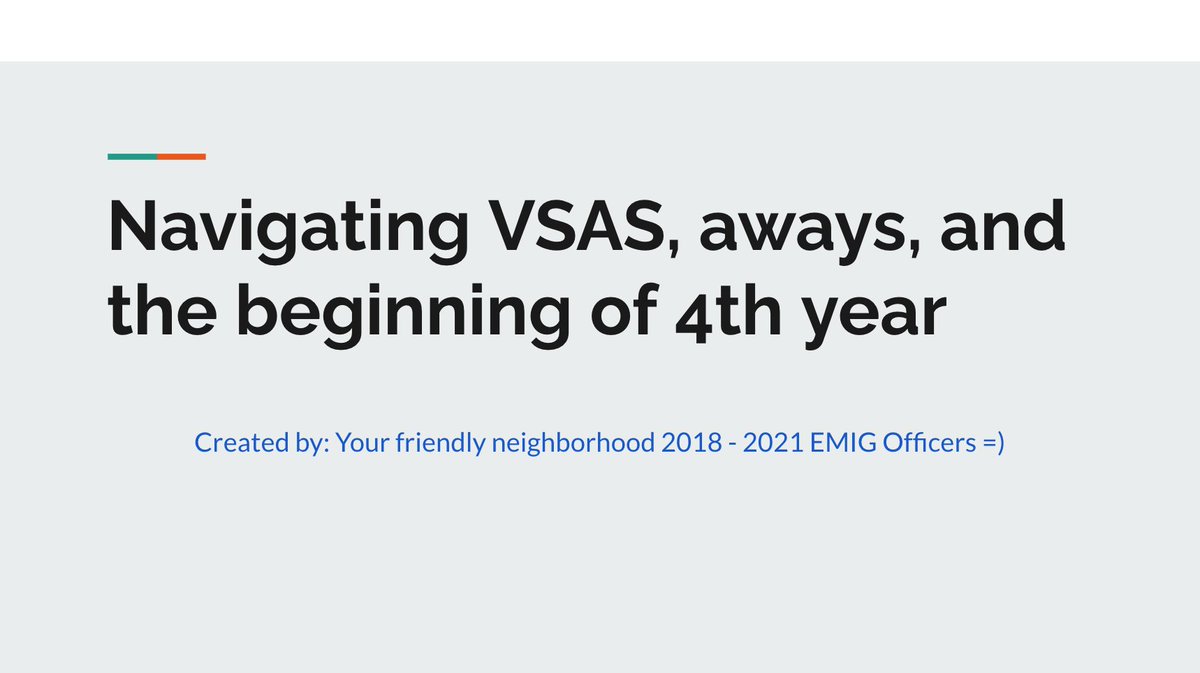 ATTENTION ALL EMIGS:
Make sure your M3s are informed! Last week, we had a meeting dedicated to understanding VSAS, EM rotations, and the importance of the SLOE. 

Very thankful for previous EMIG presidents who put this lecture together and passed it on to us! #EMRAGood
