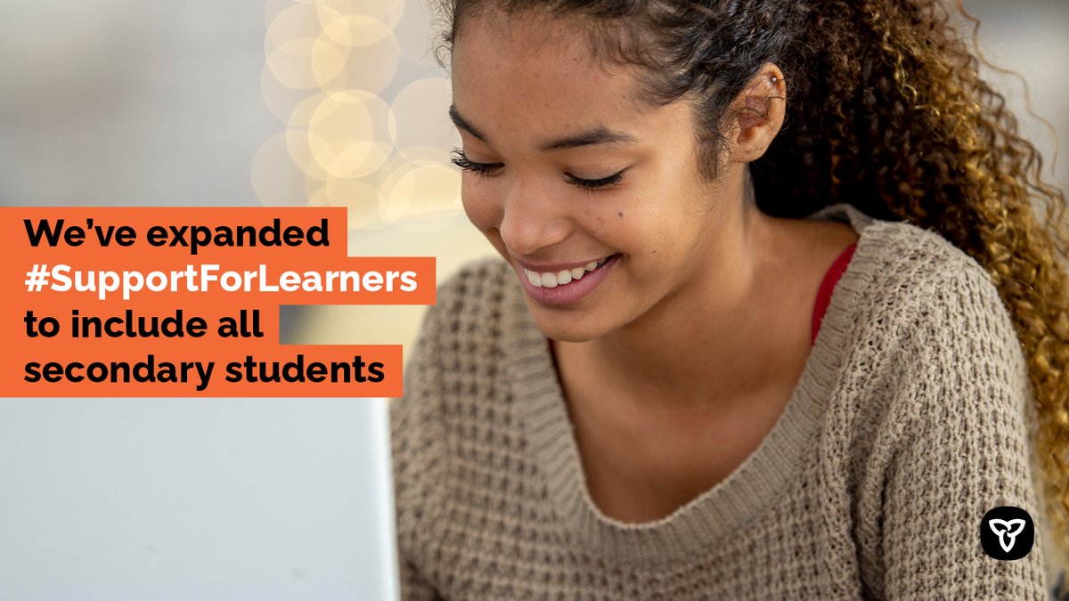 Eligible families will receive a one-time payment of $200, or $250 per child with special learning needs to help with education expenses.

Applications for students age 13 to grade 12 are now open to Feb. 8, 2021.

Ontario.ca/SupportForLear….
