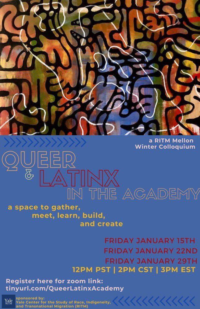 SerxioGonzalez's tweet photo. Me siento super excited to be co-creating w/ @YaleRITM on this colloquium for Queer &amp; Latinx in the Academy. The best part is learning from amazing folx and being in comunidad w/ @agonzal6 @aglaecawif  @chismestorian &amp; @ant_duran. Get ready for some #jotería &amp; #ethicalchisme 💖🌈 https://t.co/c2vl5QXEZd