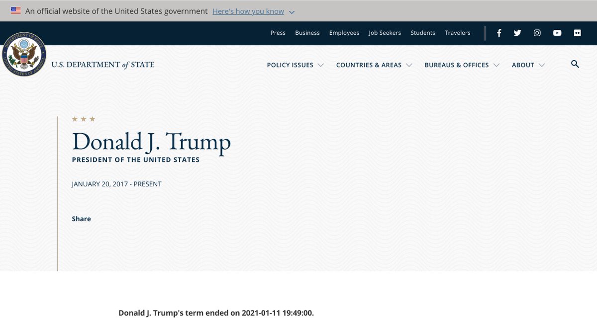 ChristopherJM's tweet image. Hey, @StateDept, what do you know that the rest of us don't?

"Donald J. Trump's term ended on 2021-01-11 19:49:00."