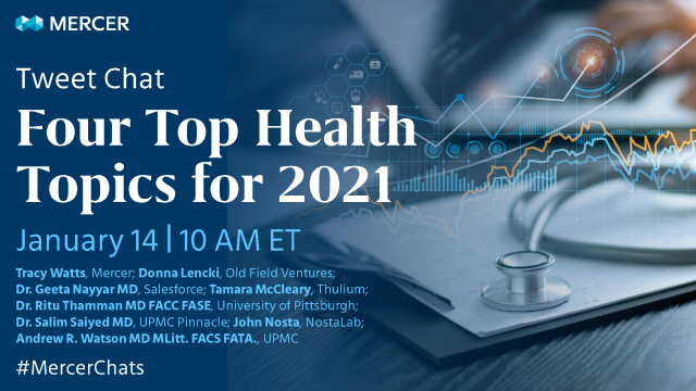 AshleyMTaff's tweet photo. What are the top #healthcare topics of 2021? Join #MercerChats, January 14th at 10AM ET to discuss with leaders @TracyFWatts, @gnayyar, @arwmd, @iamritu, @DonnaKLencki, @SalimCMIO, @JohnNosta, @TamaraMcCleary &amp; others to learn more. #health #benefits https://t.co/RZ9jxLuTA1 https://t.co/8ELbQ4Znww
