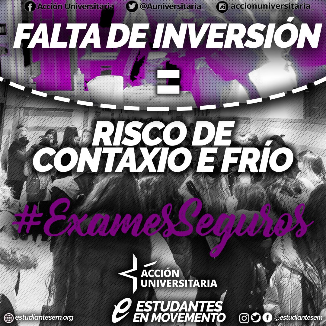 ❌ FALTA DE INVERSION = RISCO DE CONTAXIO E FRIO ❌

As estudantes organizadas a través de <a href="/estudiantesem/">Estudiantes en Movimiento</a> lanzamos hoxe a campaña #ExamesSeguros #ExámenesSeguros para reclamar unha avaliación final xusta, pero sobre todo, segura. ⬇️