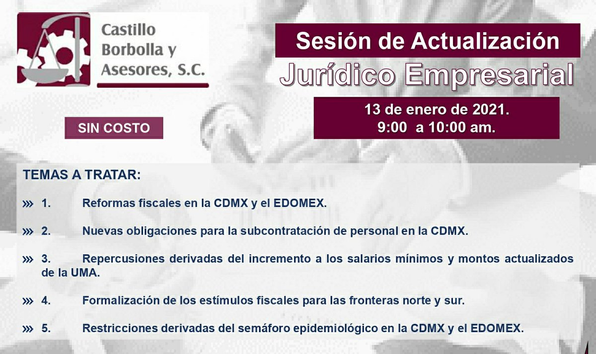 ¡No te pierdas este webinar con lo más relevantes en reformas fiscales!🏢 La primera sesión del  año será el próximo miércoles  13 de enero 2021, para reservar su lugar agradeceremos su registro en el siguiente enlace:  ➡️ bit.ly/3i7wFkP